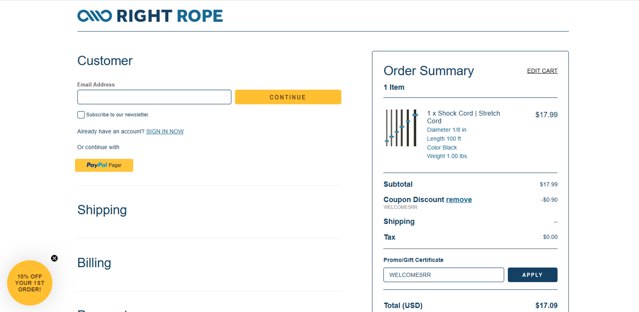Right Rope checkout page showing Right Rope promo code box | Screenshot taken by SimplyCodes community member on Jan 4, 2025