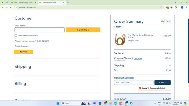 Right Rope checkout page showing Right Rope promo code box | Screenshot taken by SimplyCodes community member on Aug 10, 2024