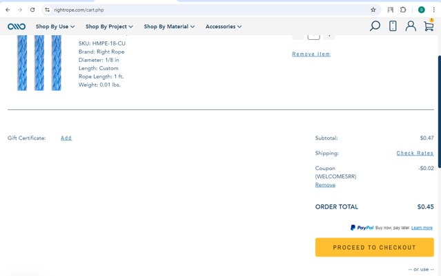 Right Rope checkout page showing Right Rope promo code box | Screenshot taken by SimplyCodes community member on Oct 9, 2024