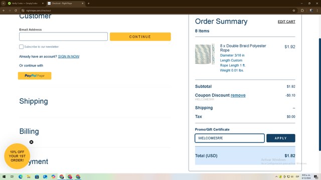 Right Rope checkout page showing Right Rope promo code box | Screenshot taken by SimplyCodes community member on Dec 6, 2024