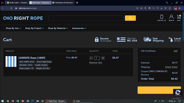 Right Rope checkout page showing Right Rope promo code box | Screenshot taken by SimplyCodes community member on Jul 16, 2025