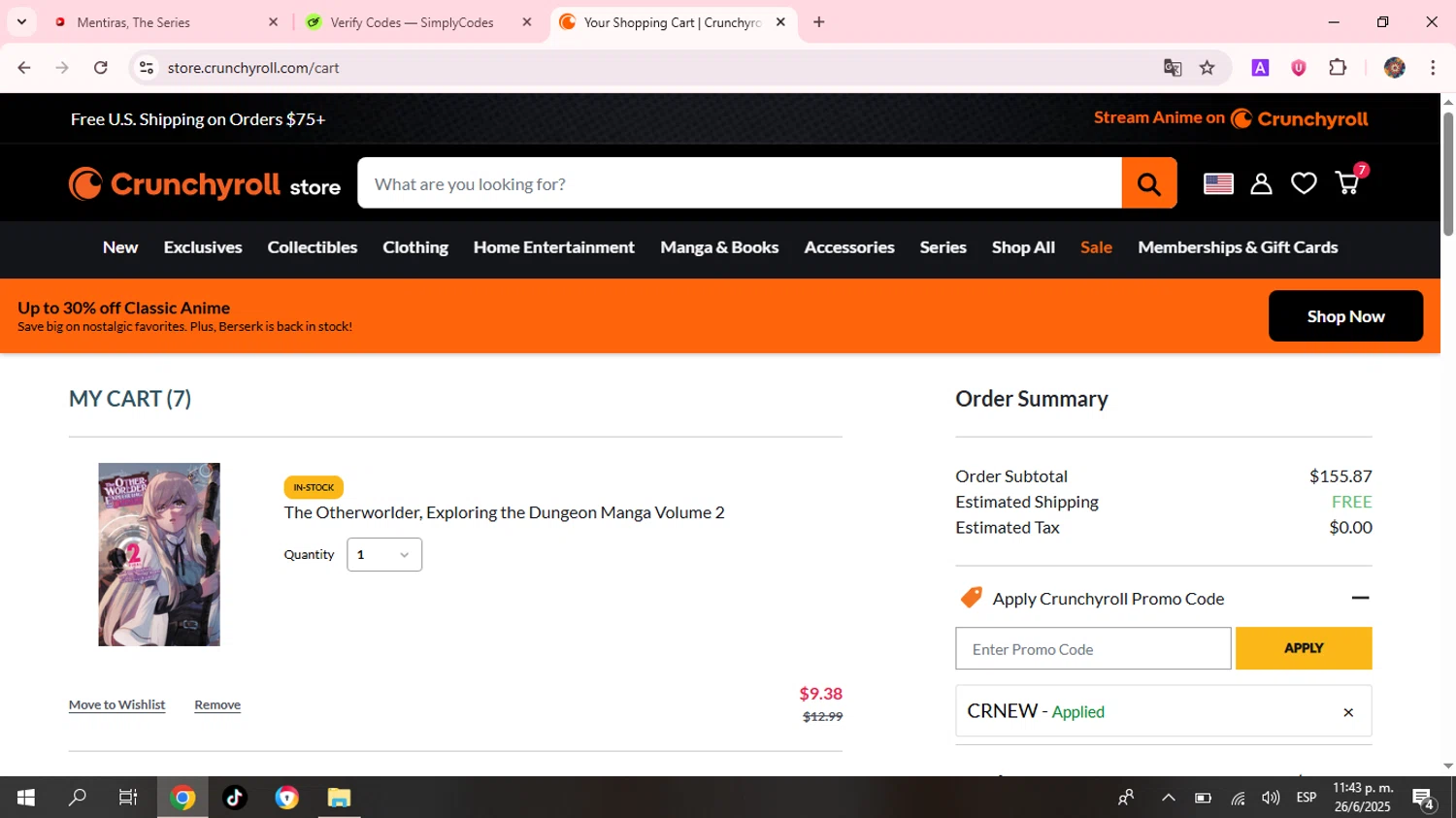 RightStuf promo code screenshot showing code CRNEW applied at RightStuf checkout page. Uploaded by SimplyCodes community member BudgetHunter9184 on Jun 27, 2025