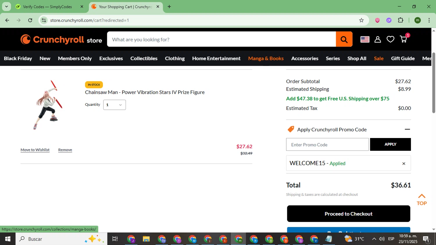 RightStuf promo code screenshot showing code WELCOME15 applied at RightStuf checkout page. Uploaded by SimplyCodes community member CoinSage7057 on Nov 23, 2025