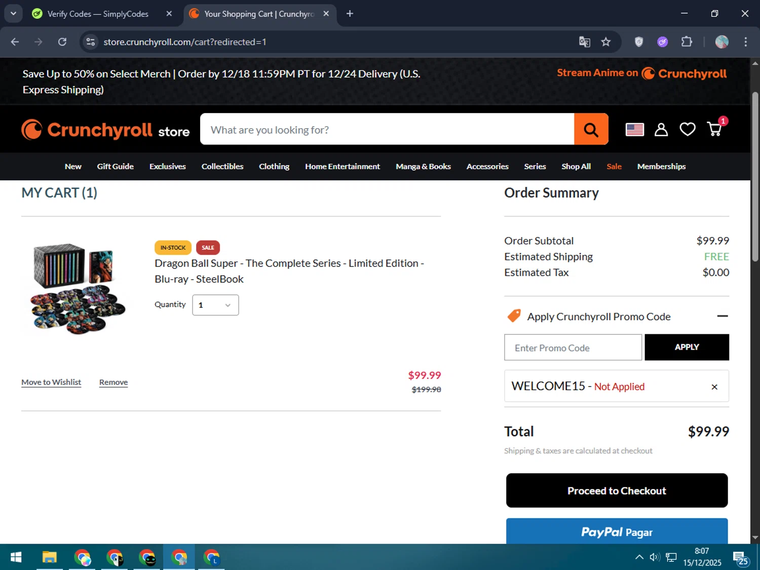 RightStuf promo code screenshot showing code WELCOME15 applied at RightStuf checkout page. Uploaded by SimplyCodes community member LegendaryPro7106 on Dec 15, 2025