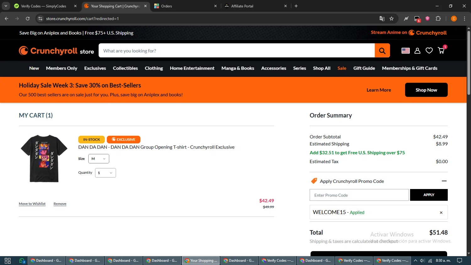 RightStuf promo code screenshot showing code WELCOME15 applied at RightStuf checkout page. Uploaded by SimplyCodes community member guest_192805448 on Nov 12, 2025