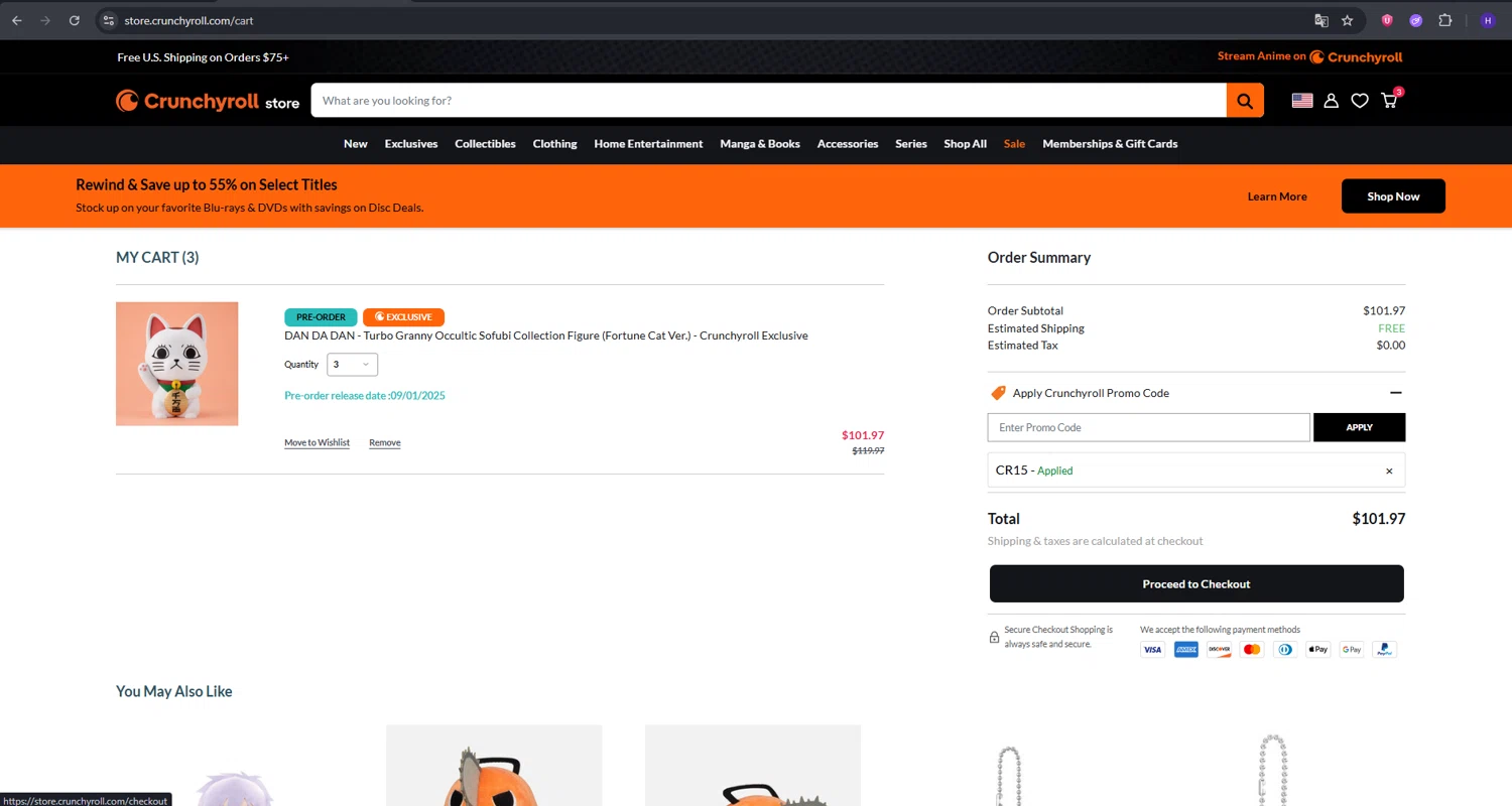 RightStuf promo code screenshot showing code CR15 applied at RightStuf checkout page. Uploaded by SimplyCodes community member RebateVirtuoso9954 on Jun 20, 2025