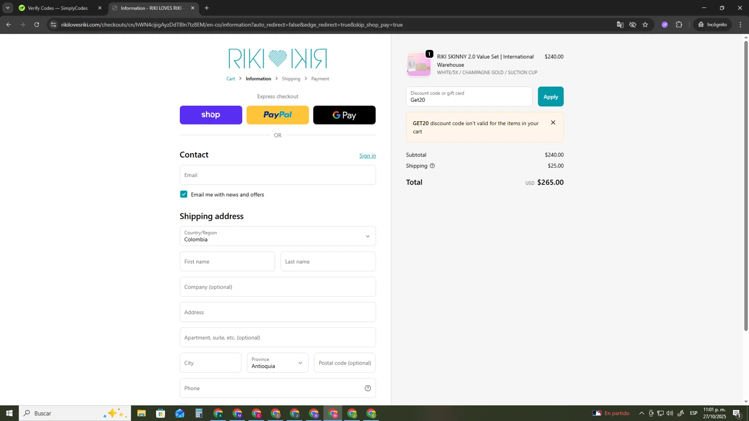 RIKI LOVES RIKI discount code screenshot showing code Get20 applied at RIKI LOVES RIKI checkout page. Uploaded by SimplyCodes community member CBR600 on Oct 28, 2025
