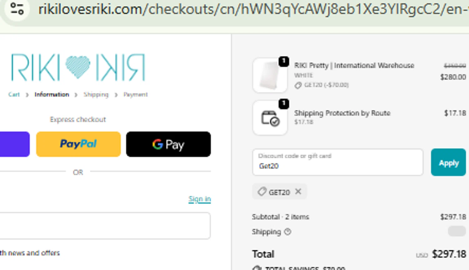 RIKI LOVES RIKI discount code screenshot showing code Get20 applied at RIKI LOVES RIKI checkout page. Uploaded by SimplyCodes community member CashMaestro9337 on Oct 7, 2025
