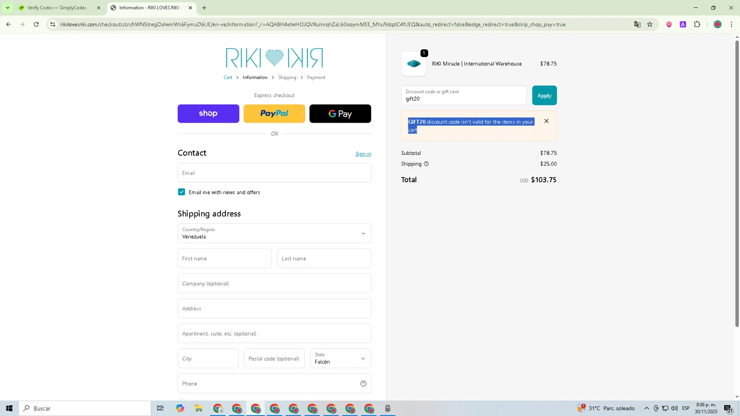 RIKI LOVES RIKI discount code screenshot showing code gift20 applied at RIKI LOVES RIKI checkout page. Uploaded by SimplyCodes community member GoldRanger7074 on Nov 30, 2025