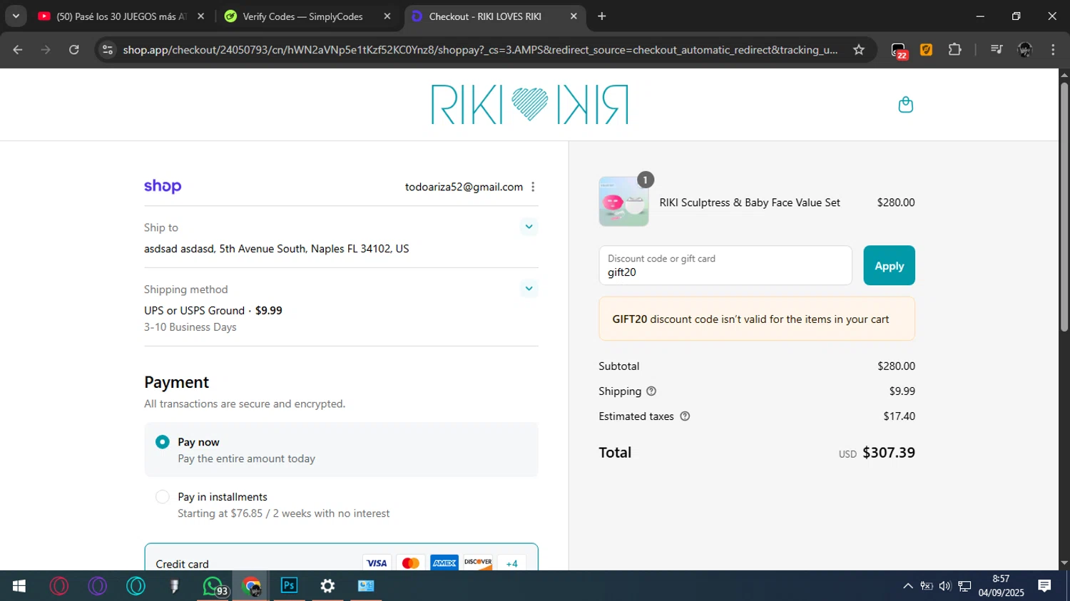 RIKI LOVES RIKI discount code screenshot showing code gift20 applied at RIKI LOVES RIKI checkout page. Uploaded by SimplyCodes community member MarkGrayson on Sep 4, 2025
