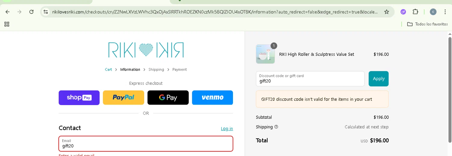 RIKI LOVES RIKI discount code screenshot showing code gift20 applied at RIKI LOVES RIKI checkout page. Uploaded by SimplyCodes community member NobleSentinel8535 on May 8, 2025