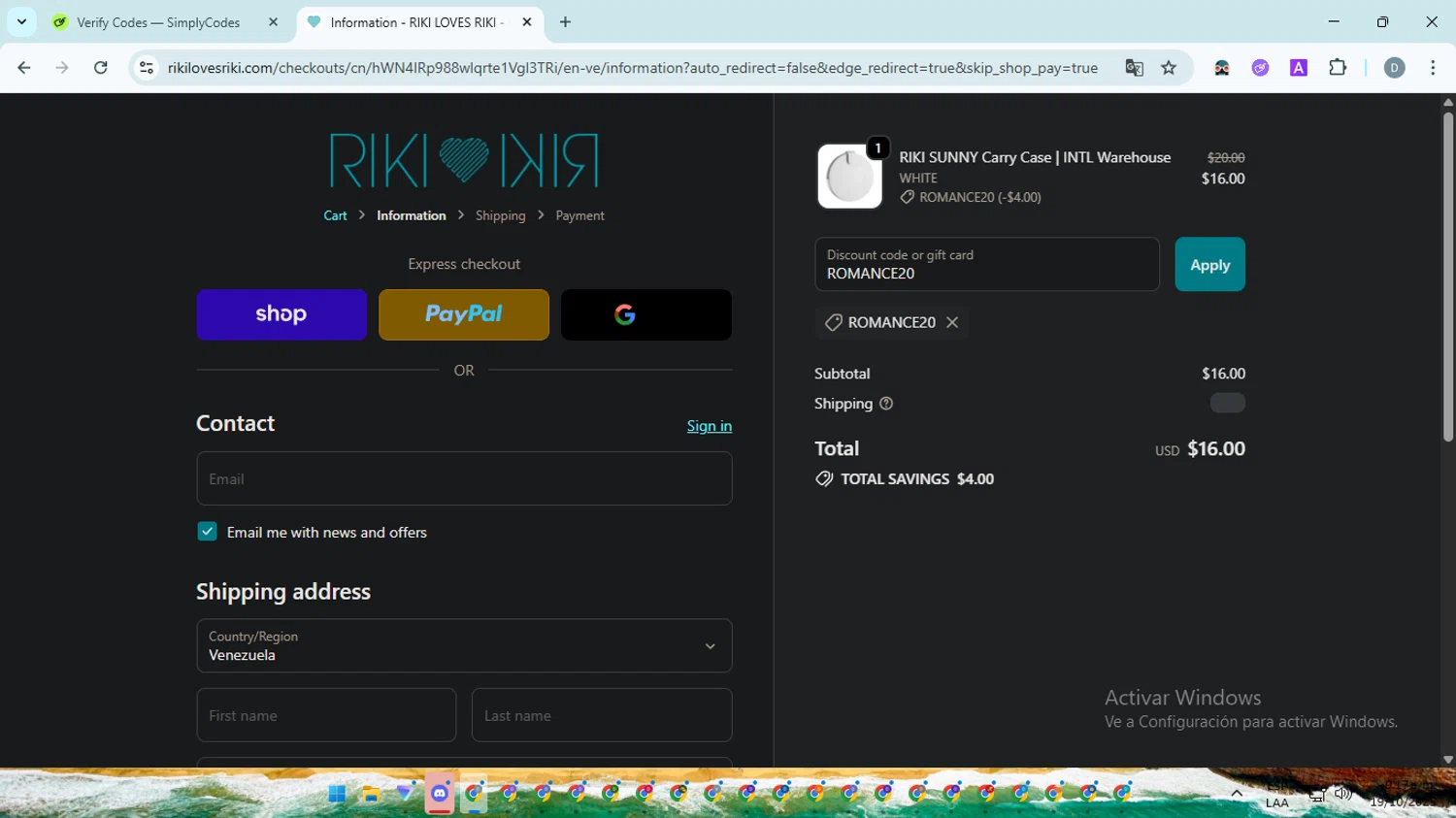 RIKI LOVES RIKI discount code screenshot showing code ROMANCE20 applied at RIKI LOVES RIKI checkout page. Uploaded by SimplyCodes community member ScanMaven5756 on Oct 19, 2025