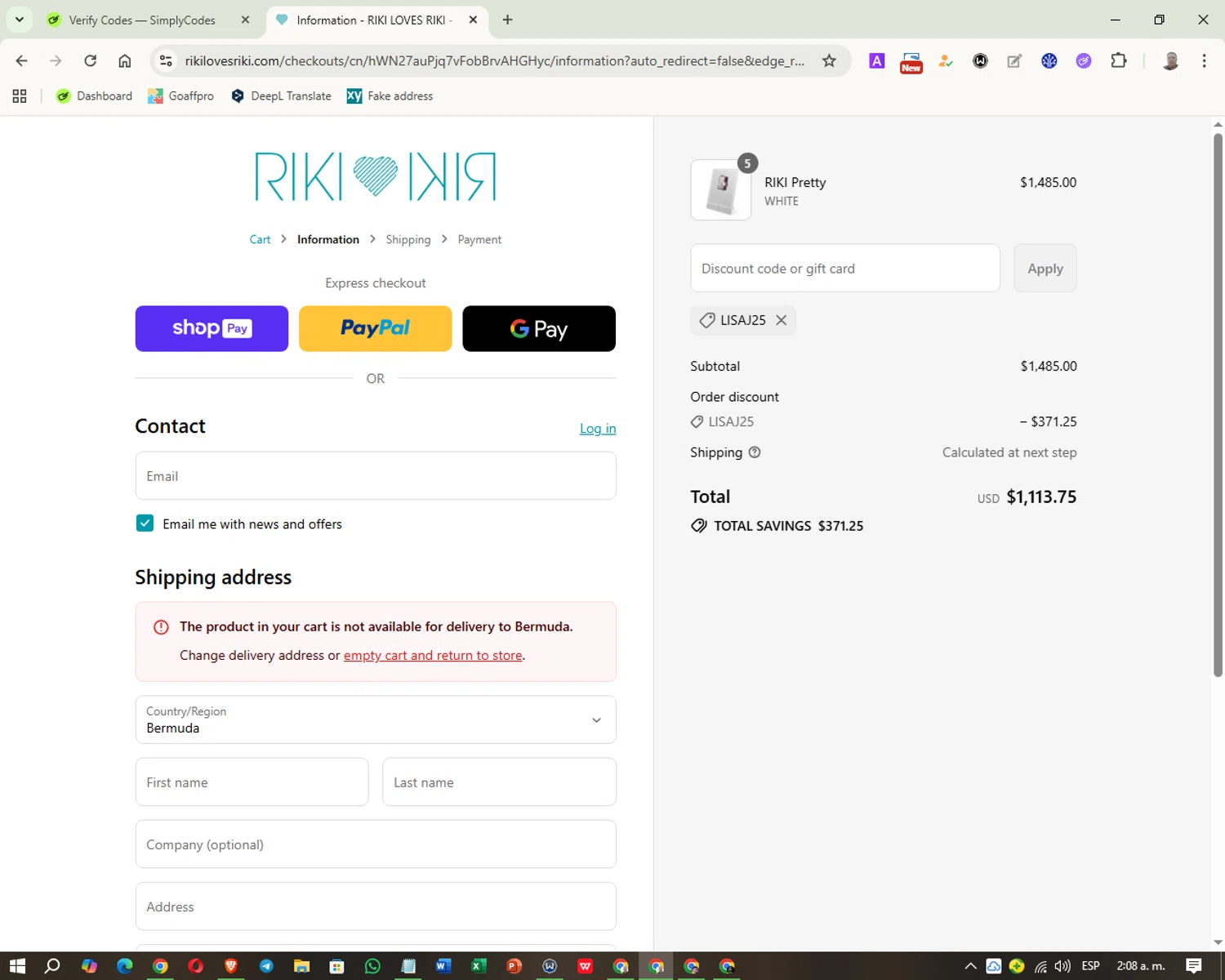 RIKI LOVES RIKI discount code screenshot showing code LISAJ25 applied at RIKI LOVES RIKI checkout page. Uploaded by SimplyCodes community member Washington on Aug 23, 2025