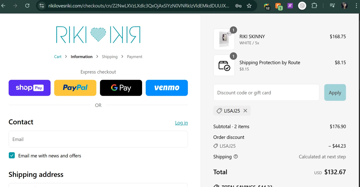 RIKI LOVES RIKI discount code screenshot showing code LISAJ25 applied at RIKI LOVES RIKI checkout page. Uploaded by SimplyCodes community member MarUmi on May 12, 2025