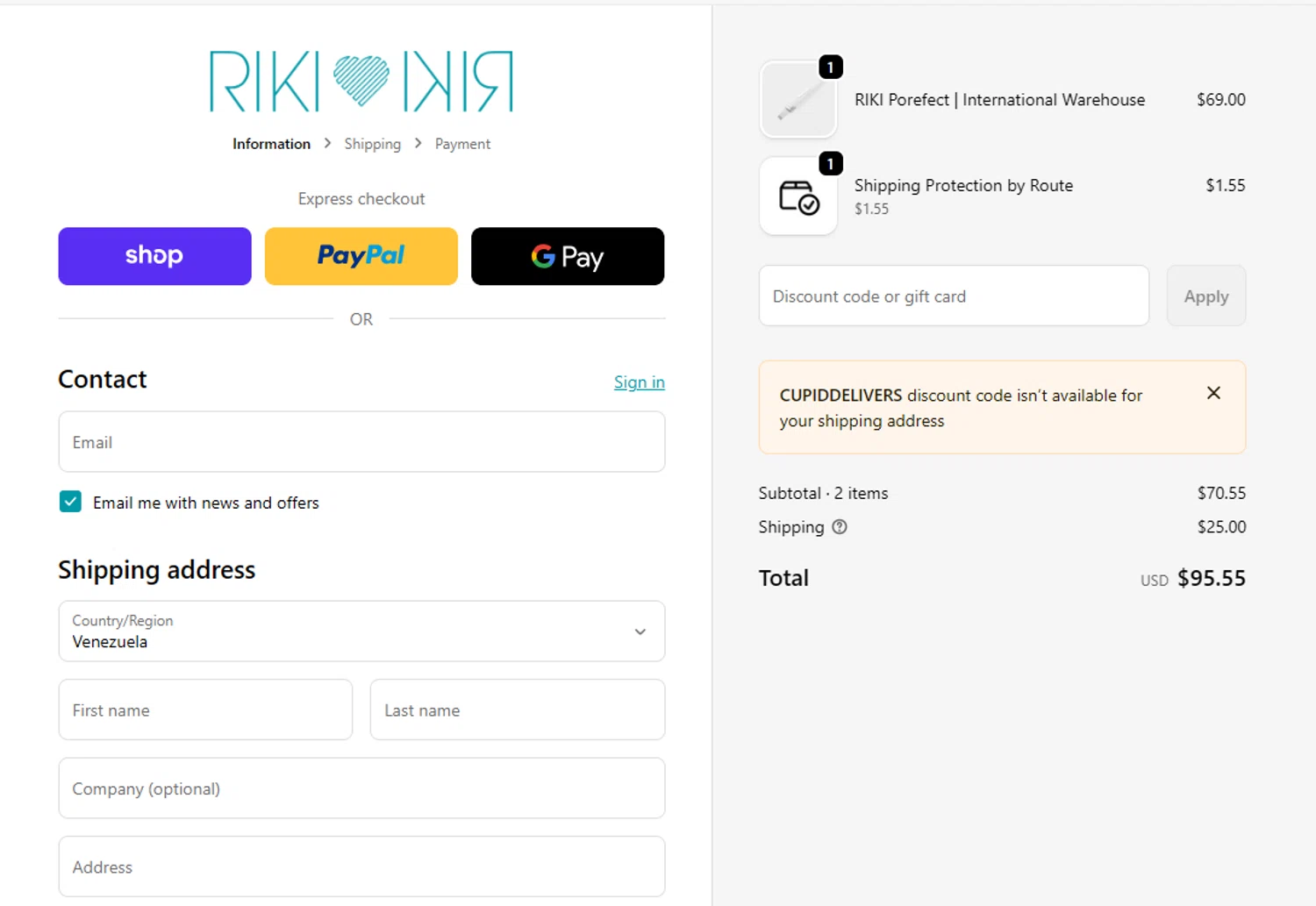 RIKI LOVES RIKI discount code screenshot showing code CUPIDDELIVERS applied at RIKI LOVES RIKI checkout page. Uploaded by SimplyCodes community member hanzell03 on Feb 1, 2026