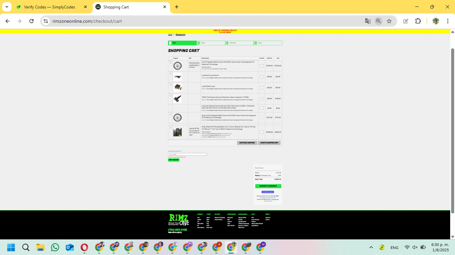 Rim Zone Online coupon code screenshot showing code nascarpro99 applied at Rim Zone Online checkout page. Uploaded by SimplyCodes community member FundoSinai on Aug 1, 2025
