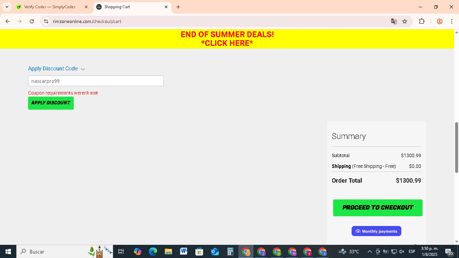 Rim Zone Online coupon code screenshot showing code nascarpro99 applied at Rim Zone Online checkout page. Uploaded by SimplyCodes community member RebateCollector5909 on Aug 1, 2025