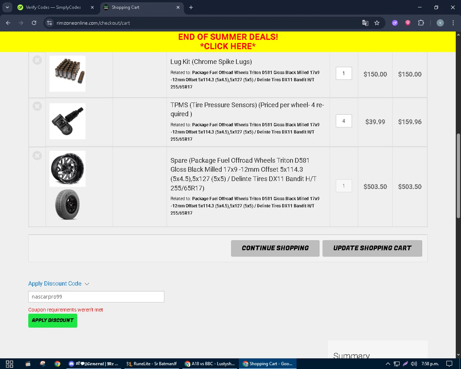 Rim Zone Online coupon code screenshot showing code nascarpro99 applied at Rim Zone Online checkout page. Uploaded by SimplyCodes community member charmander589 on Aug 1, 2025