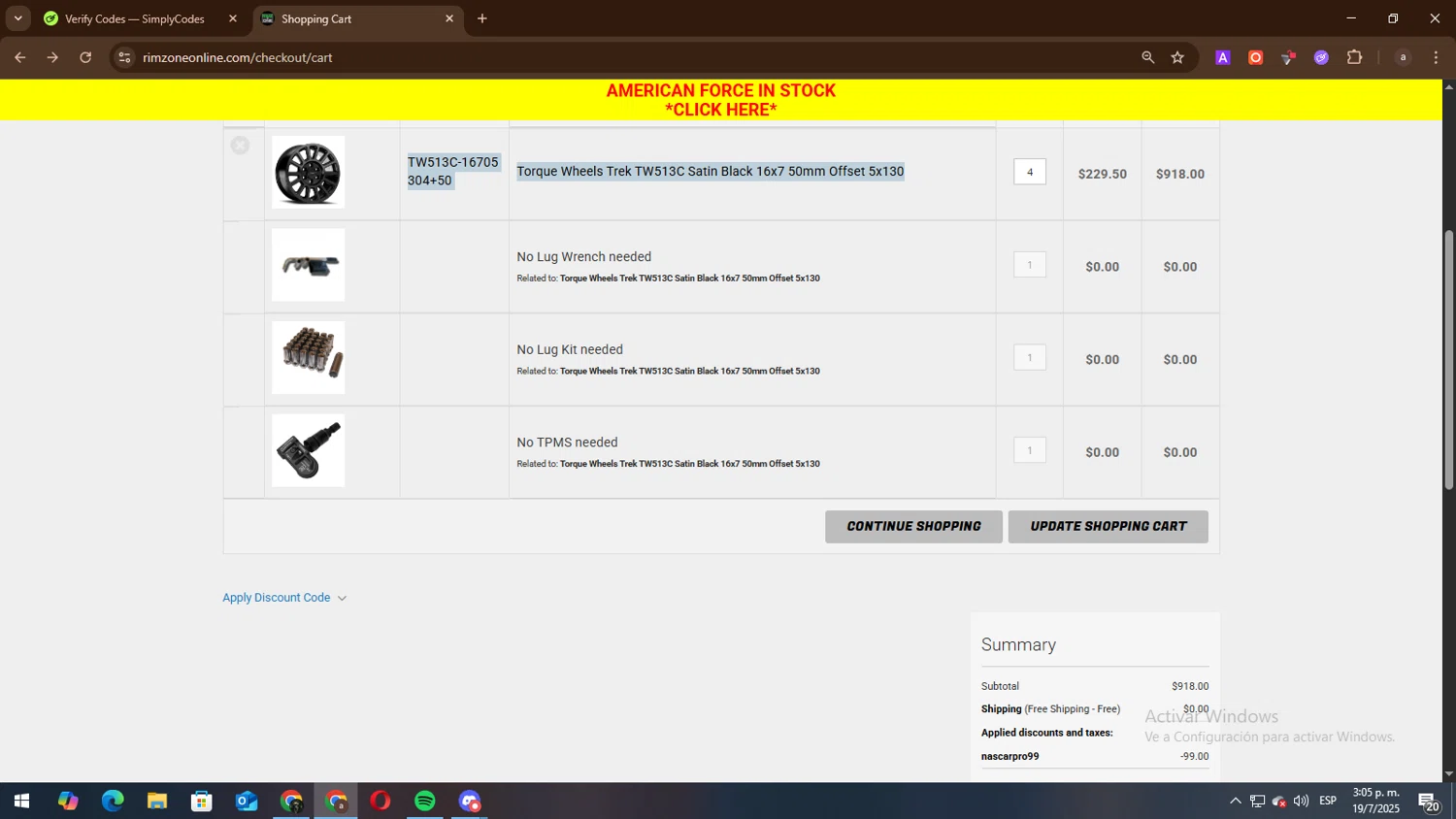 Rim Zone Online checkout page showing Rim Zone Online coupon code box | Screenshot taken by SimplyCodes community member on Jul 19, 2025