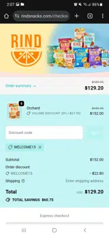 WELCOME15 coupon verification screenshot