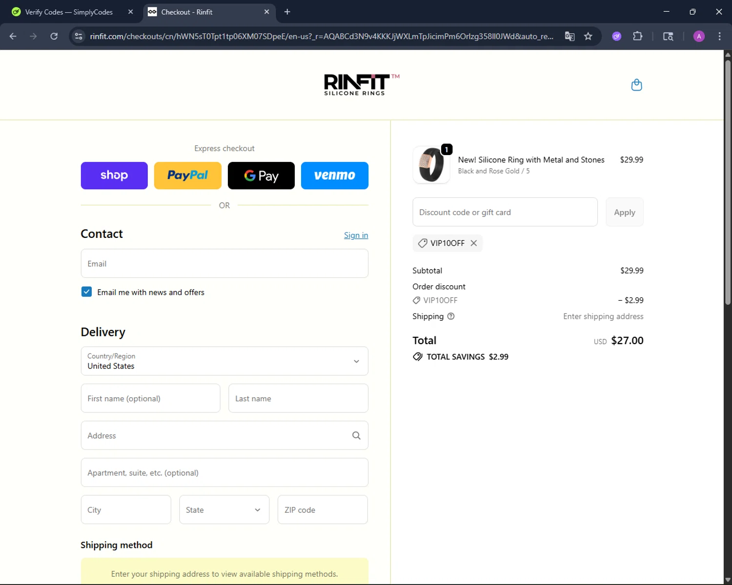 Rinfit coupon code screenshot showing code VIP10OFF applied at Rinfit checkout page. Uploaded by SimplyCodes community member AndreinaA on Nov 30, 2025