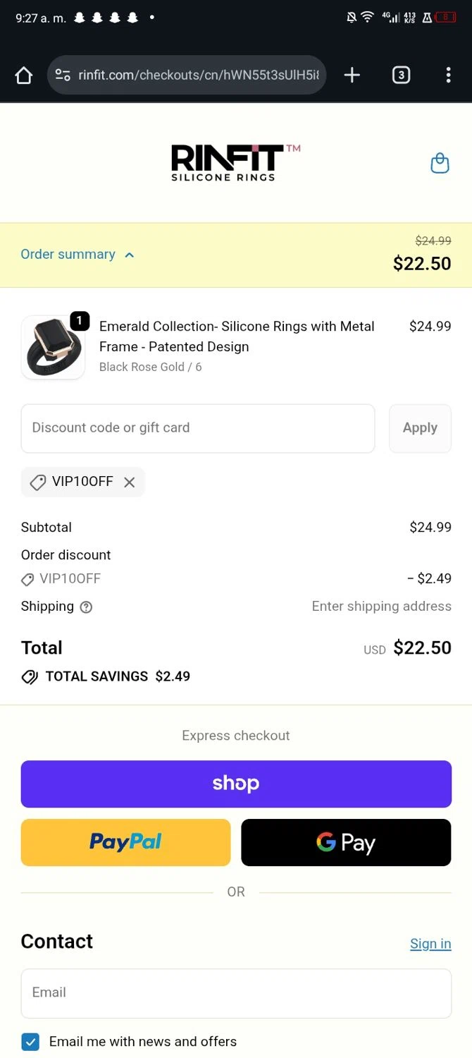 Rinfit coupon code screenshot showing code VIP10OFF applied at Rinfit checkout page. Uploaded by SimplyCodes community member Sasuk3 on Nov 9, 2025