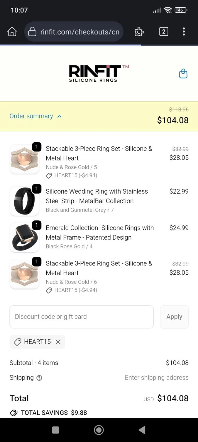 Rinfit coupon code screenshot showing code HEART15 applied at Rinfit checkout page. Uploaded by SimplyCodes community member JhoennysM on Sep 29, 2025