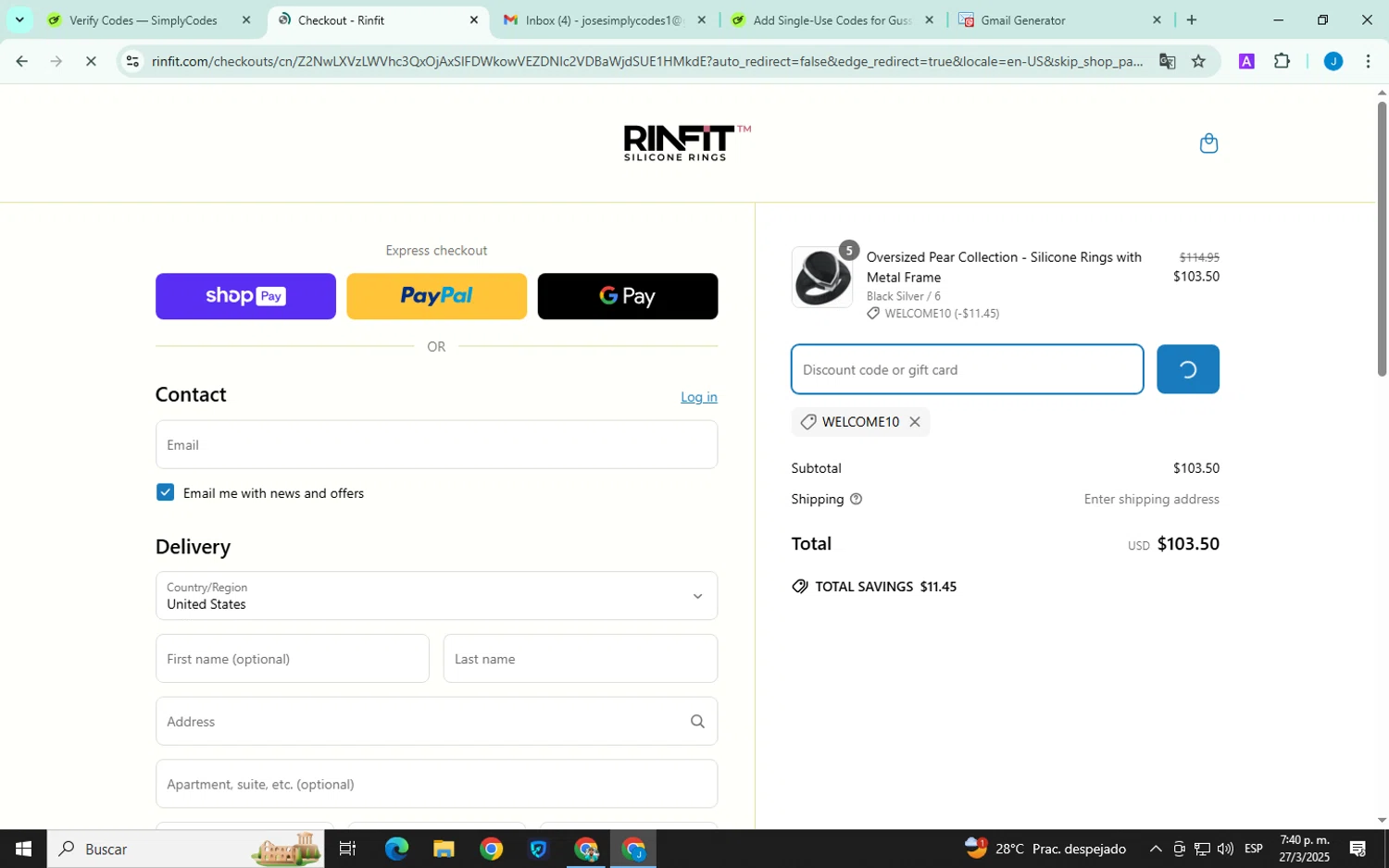 Rinfit coupon code screenshot showing code WELCOME10 applied at Rinfit checkout page. Uploaded by SimplyCodes community member ELVERGALARGA on Mar 27, 2025