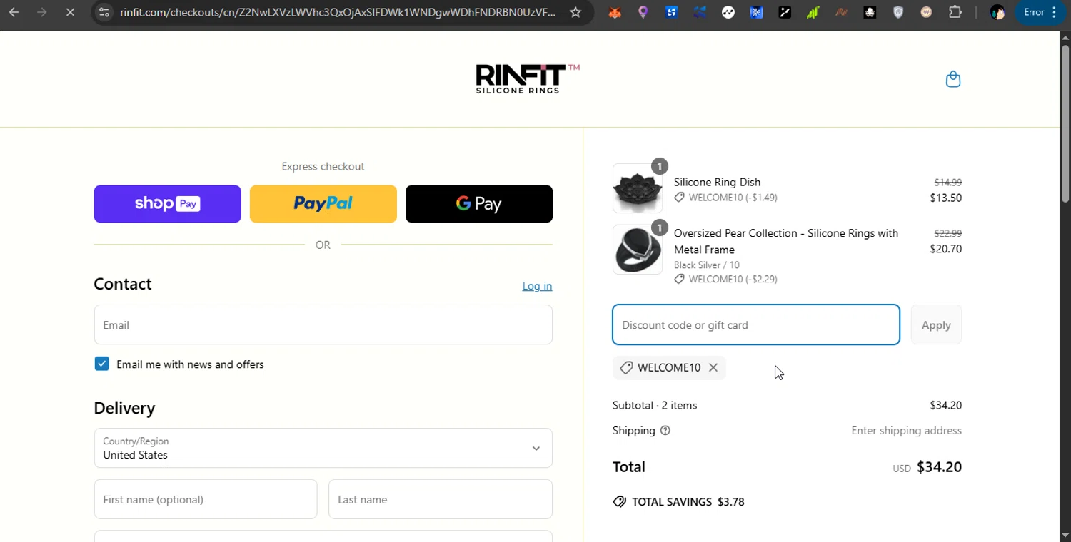 Rinfit coupon code screenshot showing code WELCOME10 applied at Rinfit checkout page. Uploaded by SimplyCodes community member PrimeShopper6600 on Mar 27, 2025