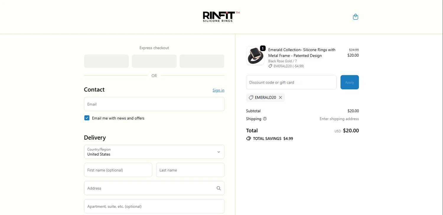 Rinfit coupon code screenshot showing code Emerald20 applied at Rinfit checkout page. Uploaded by SimplyCodes community member BrillianteMaestro892 on Nov 9, 2025