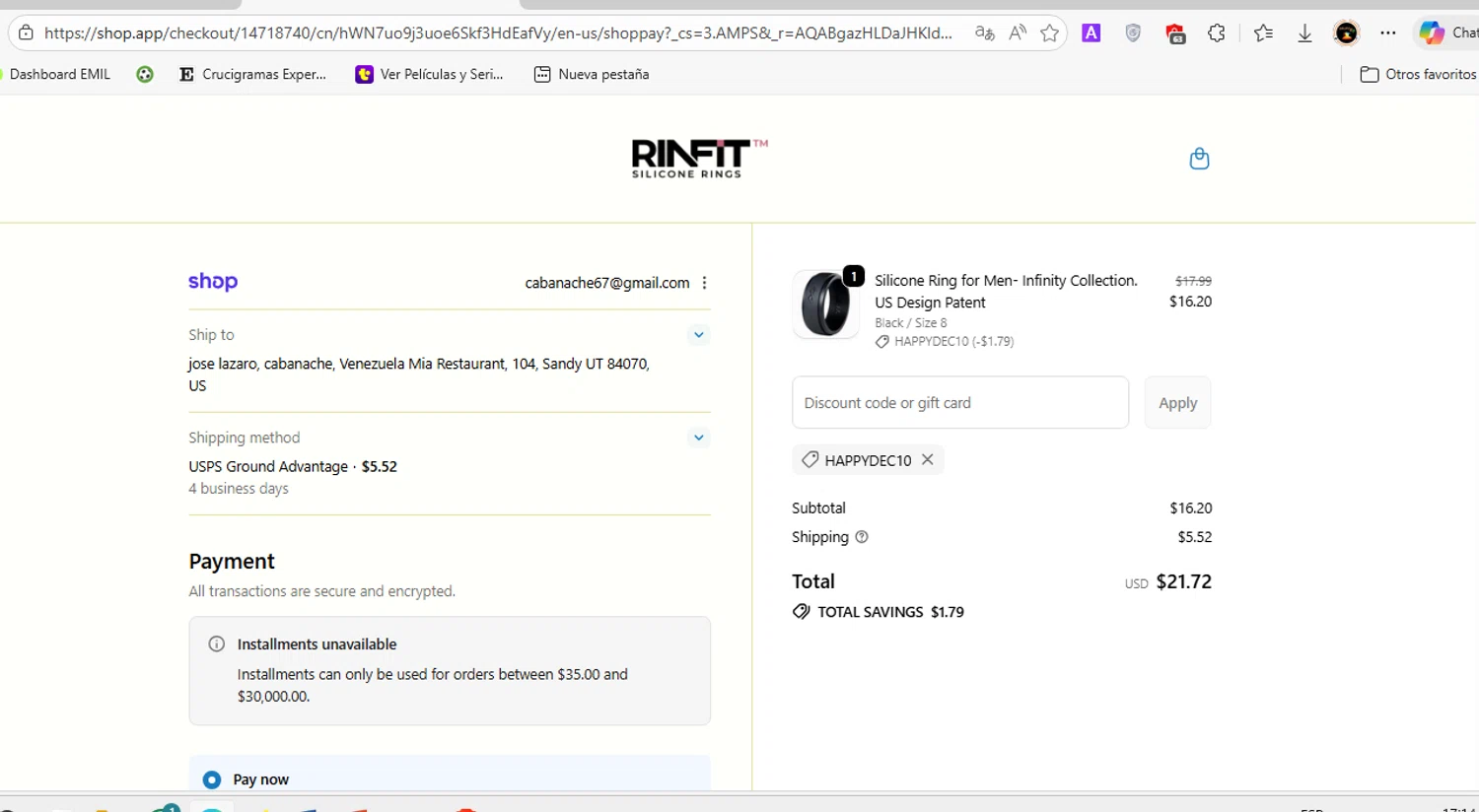 Rinfit coupon code screenshot showing code HAPPYDEC10 applied at Rinfit checkout page. Uploaded by SimplyCodes community member EJL_MIQUILENA on Jan 22, 2026