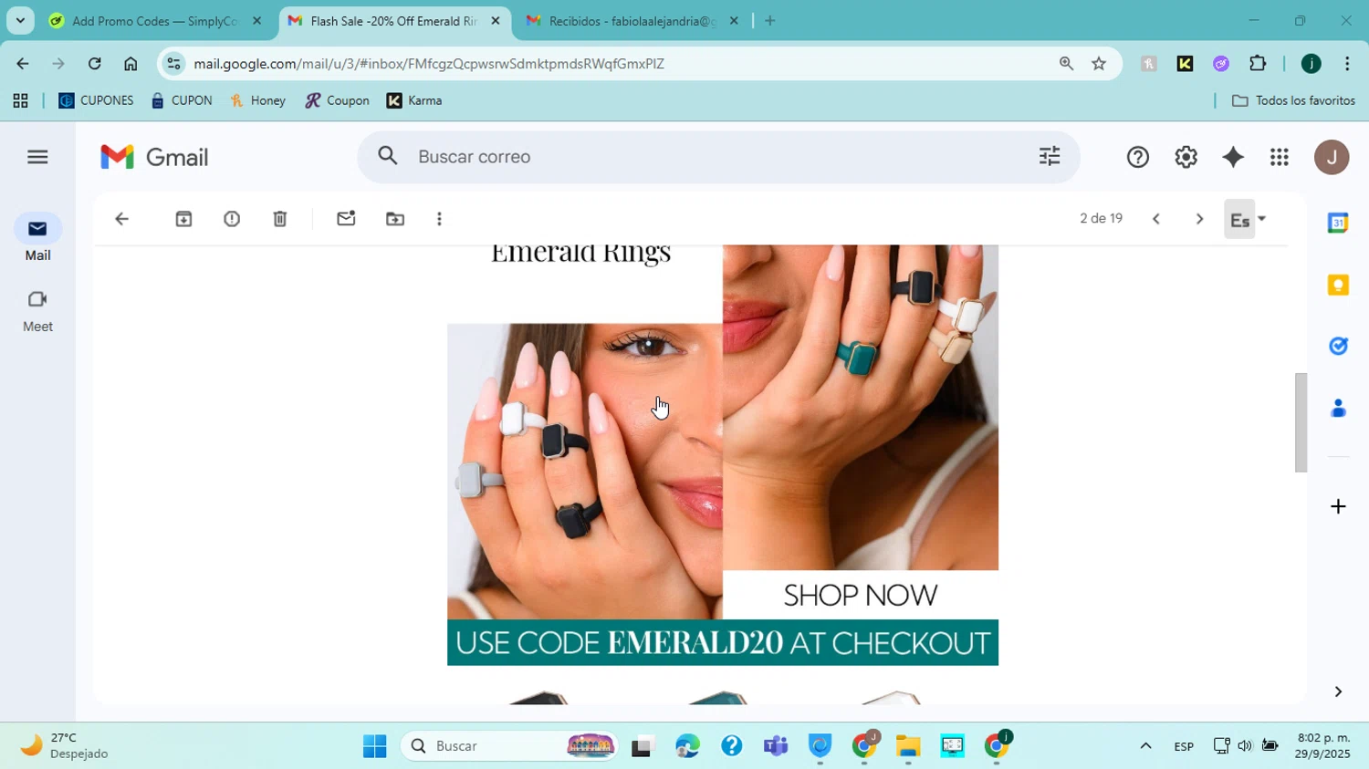 Rinfit coupon code screenshot showing code Emerald20 applied at Rinfit checkout page. Uploaded by SimplyCodes community member jorgejavierherrera on Sep 30, 2025