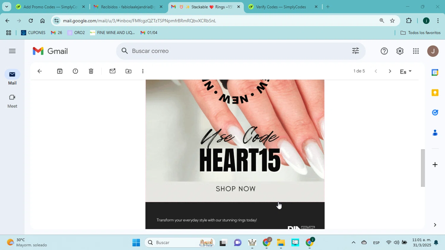 Rinfit coupon code screenshot showing code HEART15 applied at Rinfit checkout page. Uploaded by SimplyCodes community member jorgejavierherrera on Mar 31, 2025