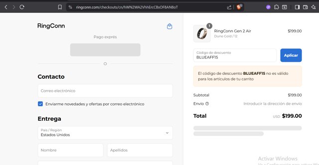 RingConn checkout page showing RingConn discount code box | Screenshot taken by SimplyCodes community member on Sep 2, 2025