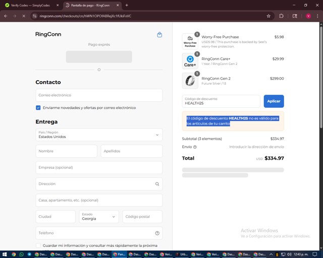 RingConn checkout page showing RingConn discount code box | Screenshot taken by SimplyCodes community member on Sep 2, 2025