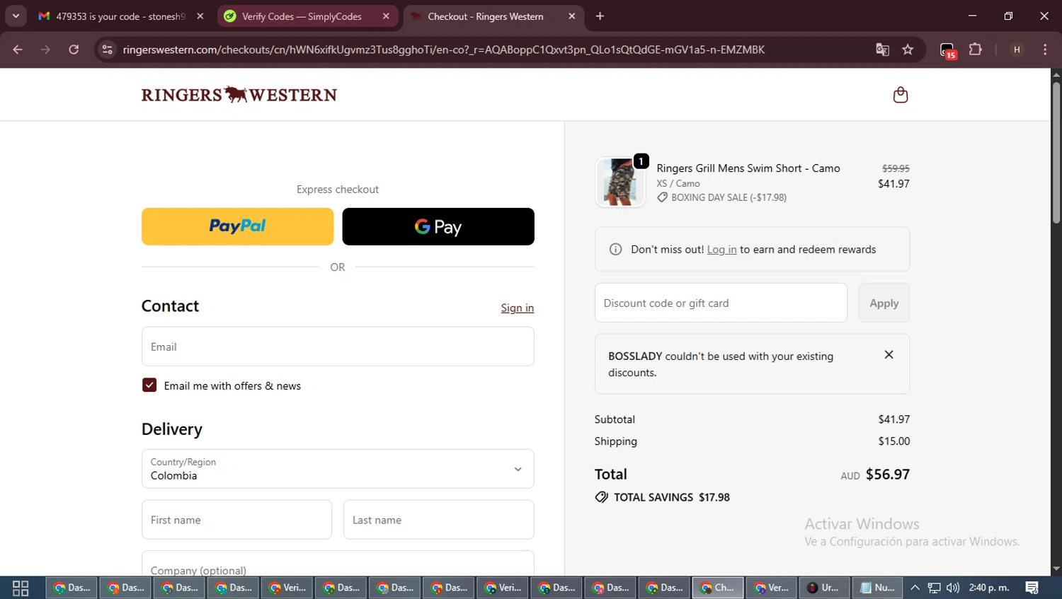 Ringers Western discount code screenshot showing code BOSSLADY applied at Ringers Western checkout page. Uploaded by SimplyCodes community member VictoriousPioneer8823 on Dec 28, 2025