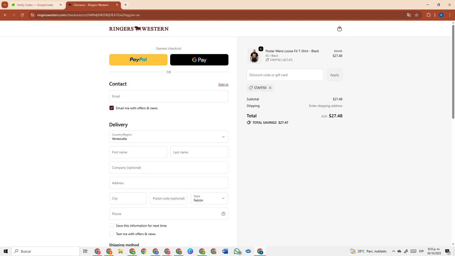 Ringers Western discount code screenshot showing code staff50 applied at Ringers Western checkout page. Uploaded by SimplyCodes community member DiscountRanger3690 on Oct 31, 2025