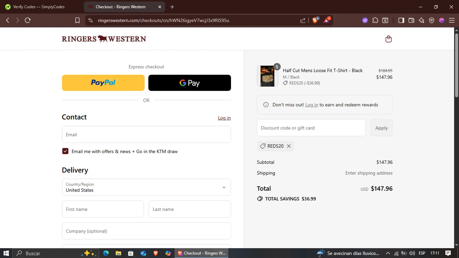 Ringers Western discount code screenshot showing code REDS20 applied at Ringers Western checkout page. Uploaded by SimplyCodes community member Suguru_Geto on Aug 22, 2025