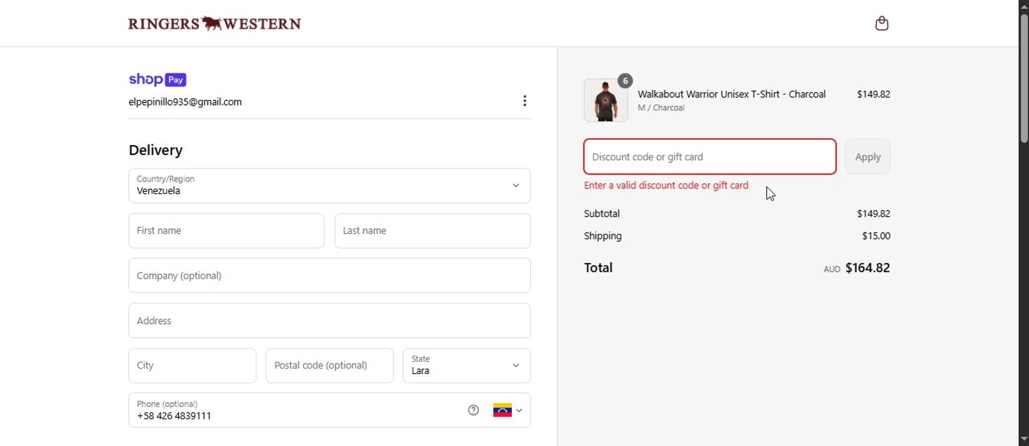 Ringers Western discount code screenshot showing code KYOGLESHOW20 applied at Ringers Western checkout page. Uploaded by SimplyCodes community member Enmanuel99 on Jun 22, 2025