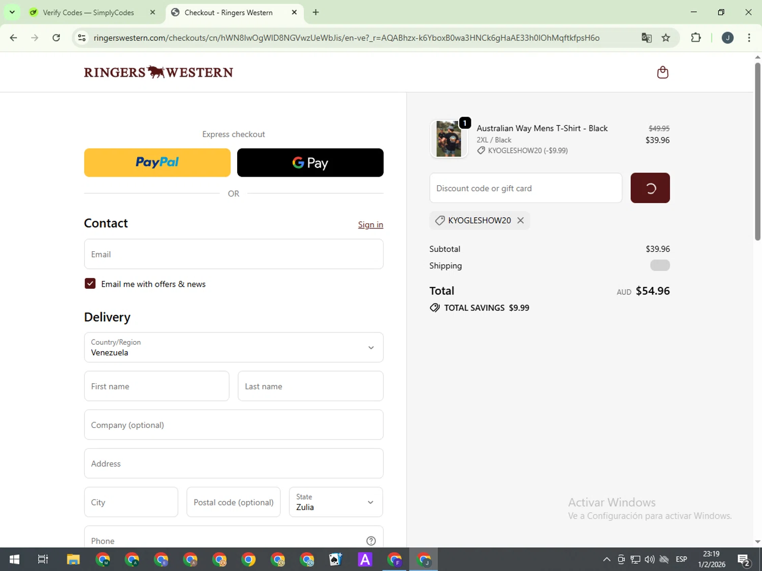 Ringers Western discount code screenshot showing code KYOGLESHOW20 applied at Ringers Western checkout page. Uploaded by SimplyCodes community member GloriousCollector9930 on Feb 2, 2026