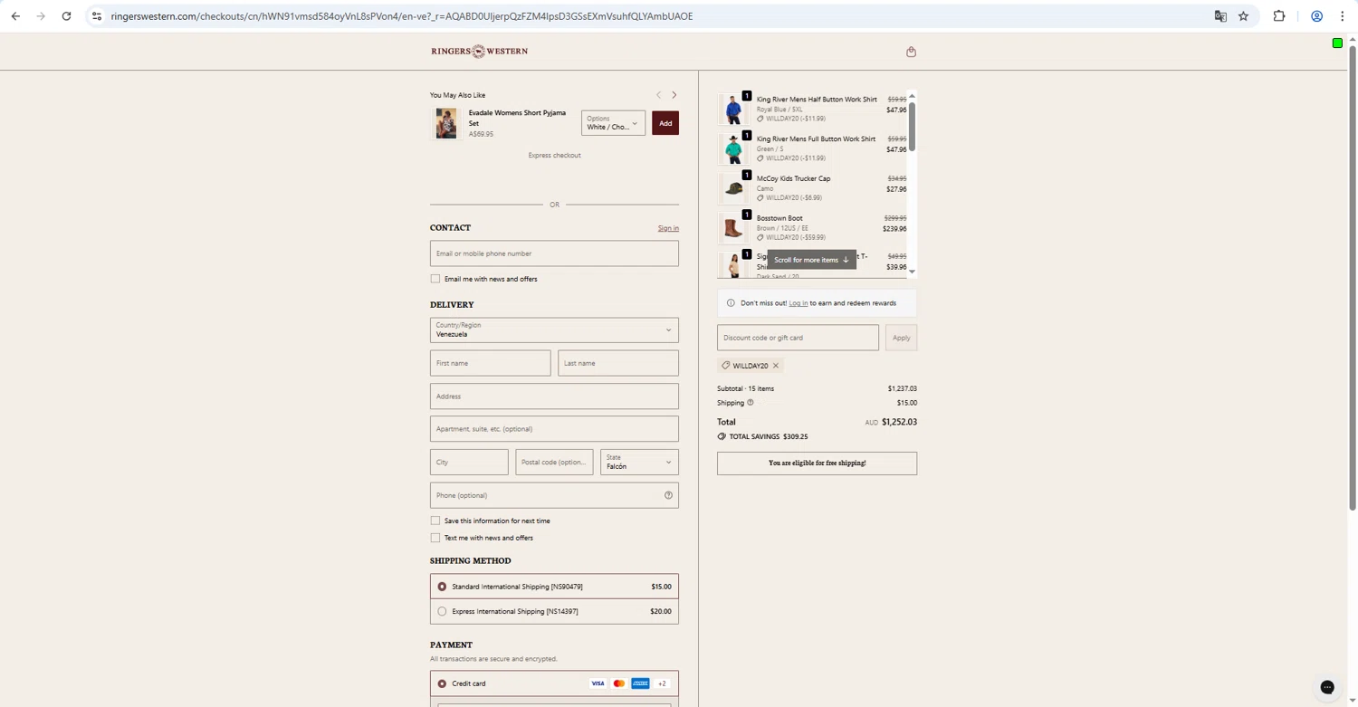Ringers Western discount code screenshot showing code WILLDAY20 applied at Ringers Western checkout page. Uploaded by SimplyCodes community member zzzzzzza on Feb 21, 2026