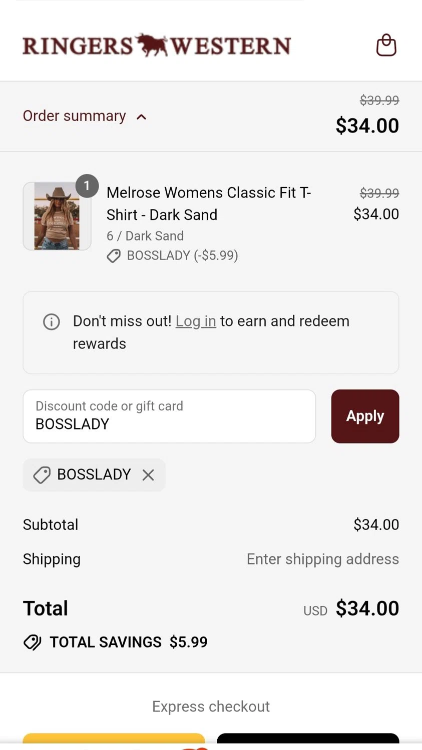 Ringers Western discount code screenshot showing code BOSSLADY applied at Ringers Western checkout page. Uploaded by SimplyCodes community member JuanMonge on Jul 24, 2025