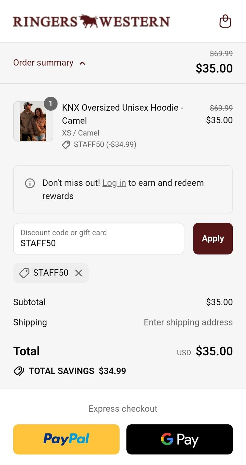 Ringers Western discount code screenshot showing code STAFF50 applied at Ringers Western checkout page. Uploaded by SimplyCodes community member JuanMonge on Jul 24, 2025