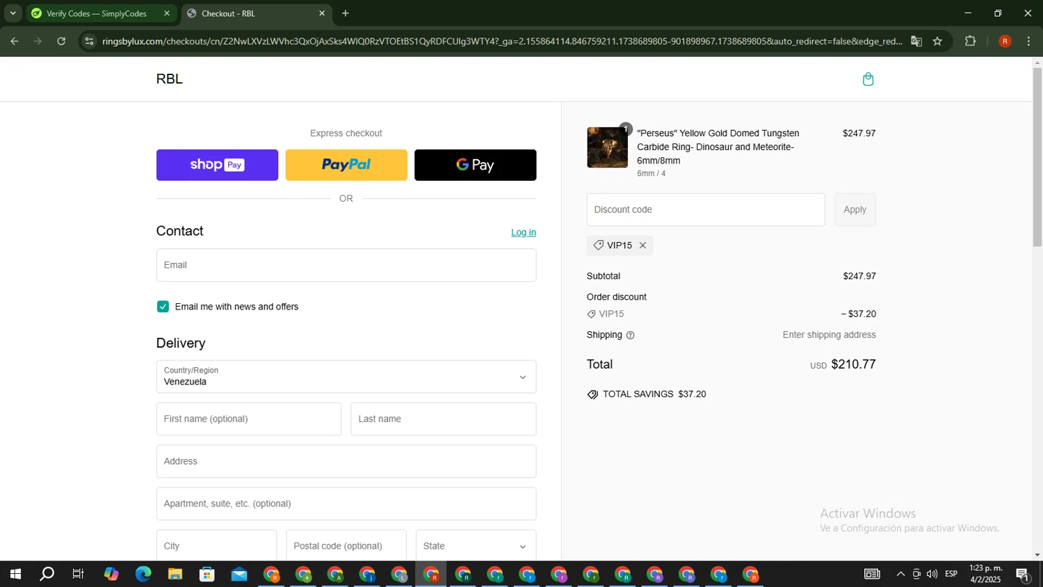 Rings By Lux discount code screenshot showing code VIP15 applied at Rings By Lux checkout page. Uploaded by SimplyCodes community member MagnificentExpert2705 on Feb 4, 2025