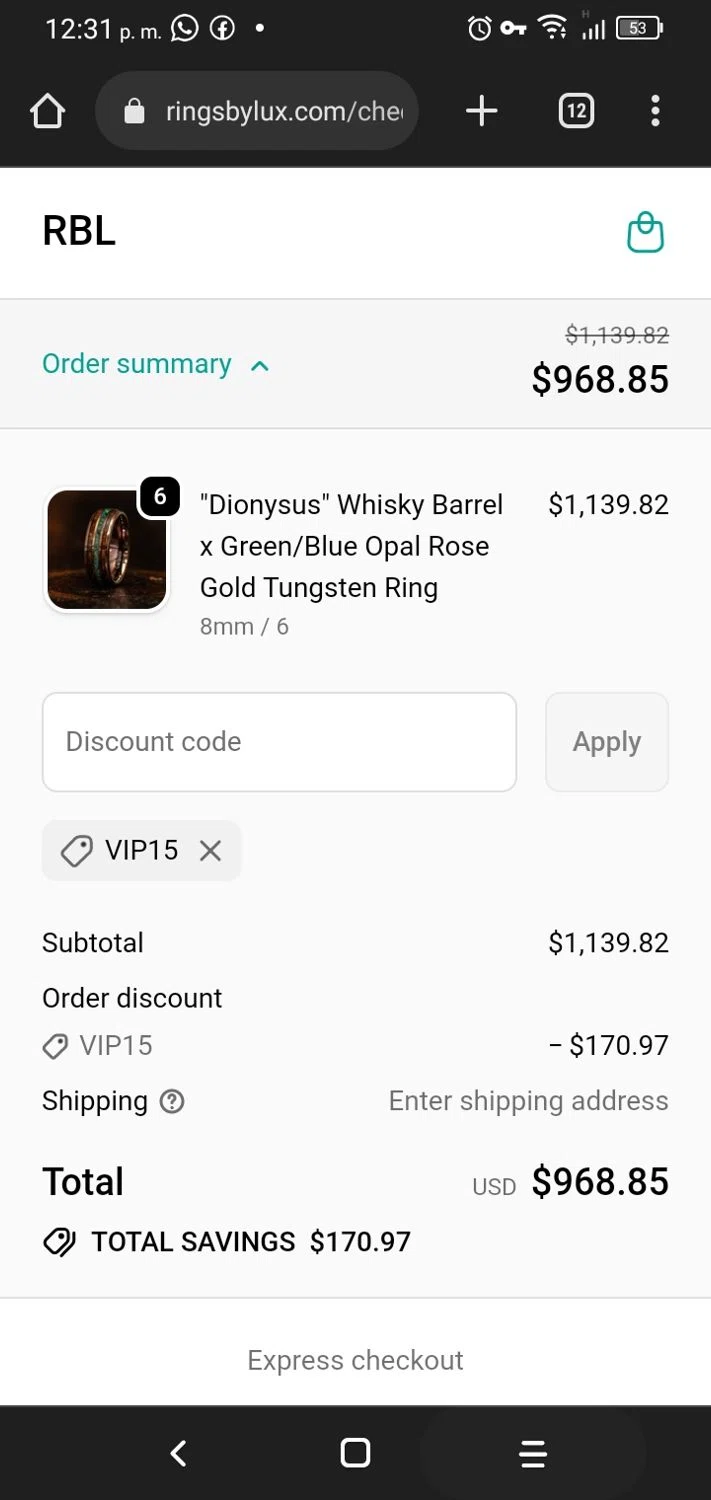 Rings By Lux discount code screenshot showing code VIP15 applied at Rings By Lux checkout page. Uploaded by SimplyCodes community member miguelcrast on Oct 7, 2025