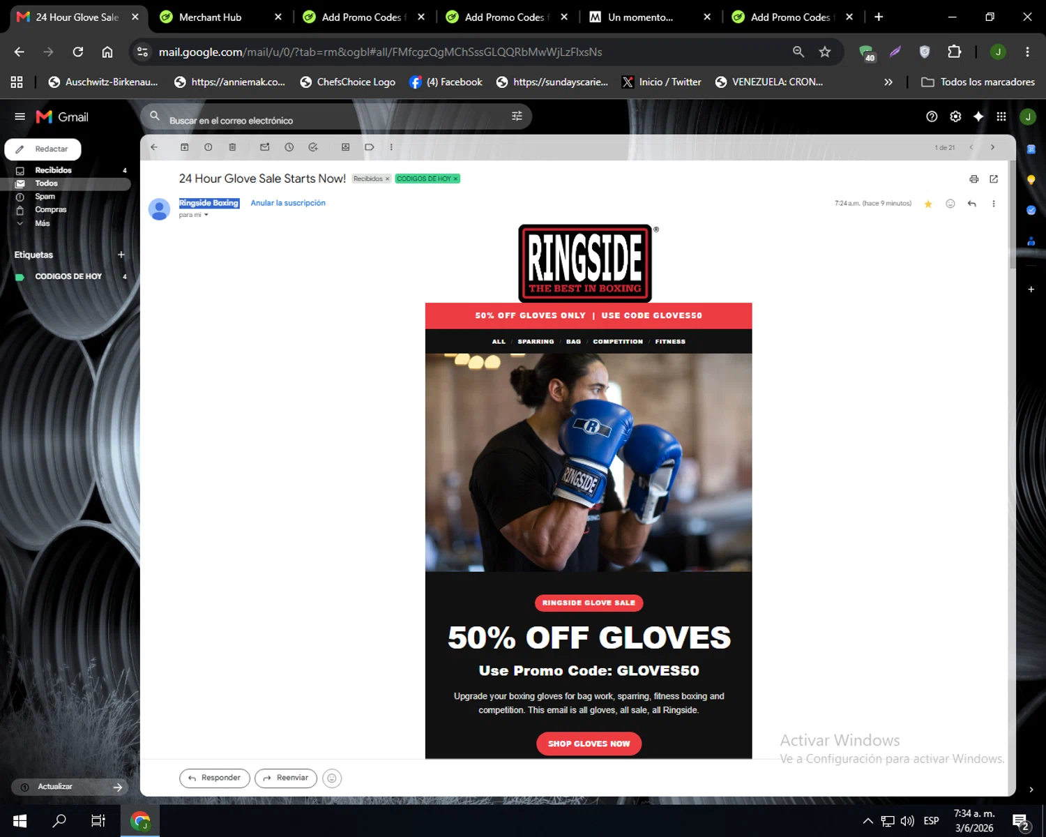 Ringside promo code screenshot showing code GLOVES50 applied at Ringside checkout page. Uploaded by SimplyCodes community member Codehunter on Jun 3, 2026