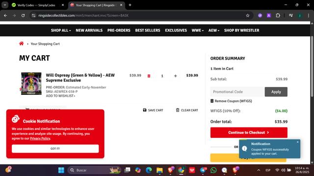 Ringside Collectibles checkout page showing Ringside Collectibles coupon code box | Screenshot taken by SimplyCodes community member on Aug 26, 2025
