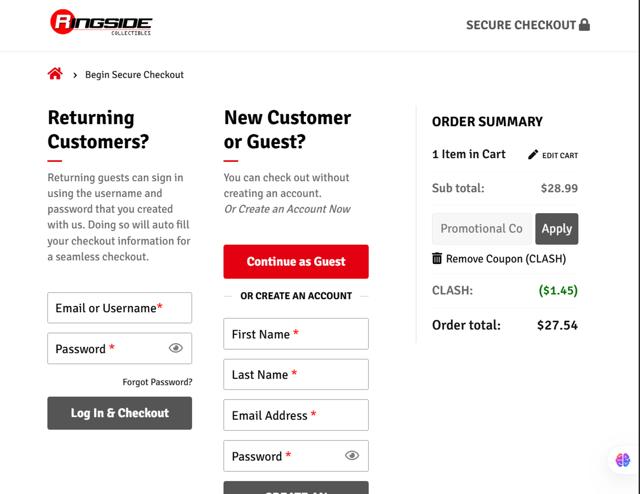 Ringside Collectibles checkout page showing Ringside Collectibles coupon code box | Screenshot taken by SimplyCodes community member on Aug 16, 2025