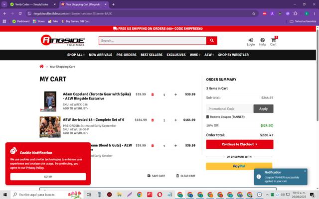 Ringside Collectibles checkout page showing Ringside Collectibles coupon code box | Screenshot taken by SimplyCodes community member on Aug 26, 2025