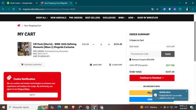 Ringside Collectibles checkout page showing Ringside Collectibles coupon code box | Screenshot taken by SimplyCodes community member on Aug 26, 2025